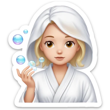 The girl gets pleasure, there are soap bubbles around her, she's in a bathrobe sticker