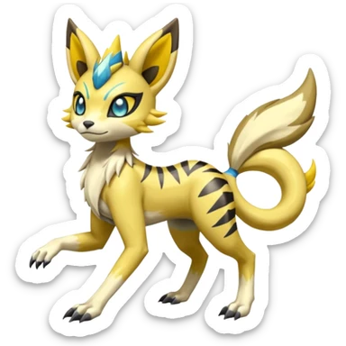 Splash-marked Colorful Patterned Exotic Meloetta-Zeraora-Lombax-Renamon-Protogen-Palkia-hybrid-fusion-Fakémon-creature, full body sticker