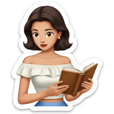 Beautiful woman in 1950’s woman fashion look, off-shoulder white shirts crop top, long dark brown hair, reading sticker