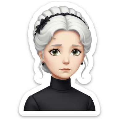A Victorian woman with elegant coiffed white hair and light eyes wearing a modest unadorned monochrome black turtleneck mourning dress looking down with a forlorn expression sticker