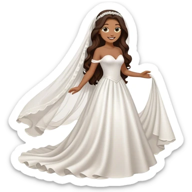 Full body tan woman with dark brown long hair Hollywood wave hair. Wearing a white wedding dress, veil happy sticker