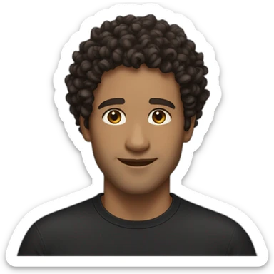man short curly dark brown hair curls on forehead with brown eyes smiling black shirt sticker