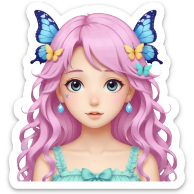 gorgeous anime pastel lady with butterflies and beautiful hair fairycore cottagecore sticker