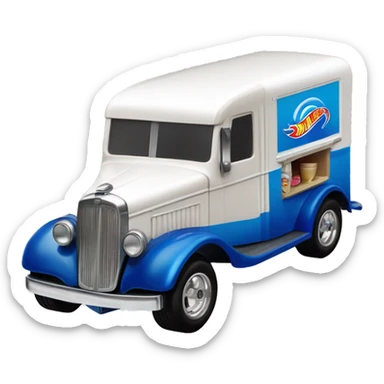 Hot wheels style, ice cream truck from 1934 with wide chrome mag wheels, blue, no ice cream on top of truck, open selling window.  sticker