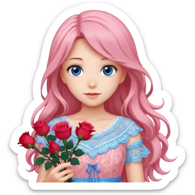 pastel anime woman with pink and white lace dress full body and long hair with roses and blue eyes sticker