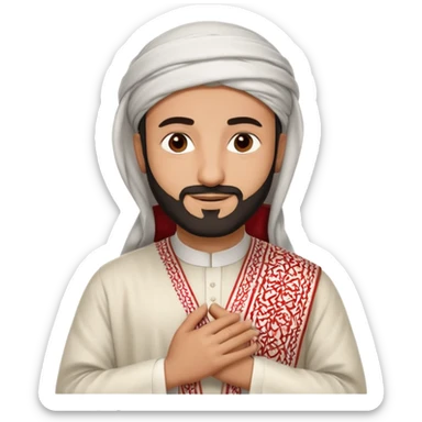 detailed iPhone-style emoji of a Saudi man in traditional attire: white thobe, red-and-white shemagh, black agal, short beard, brown eyes, calm smile, both hands gently crossed on chest sticker