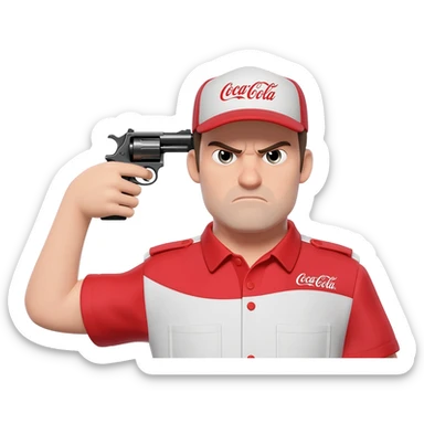 grumpy coca-cola guy with someone pointing a gun to his head sticker