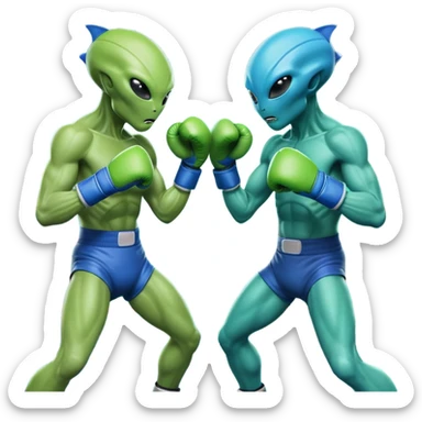 two aliens boxing in a fight stance, facing each other with raised gloves, dynamic action pose, intense expressions, sci-fi arena vibe, 3D cartoon style, mobile game icon style, clean background, no text, no watermark
 sticker
