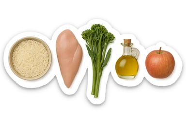 Riso basmati
Petto di pollo
Verdura fibrosa verde
Olio EVO
Mela sticker