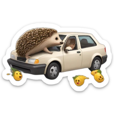 A hedgehog in a car knocks down a grandmother sticker