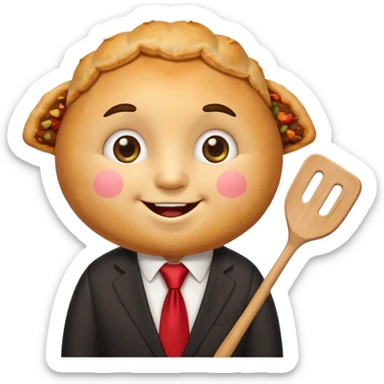emoji style, happy fried empanada with face, big sparkling eyes, blushing cheeks, two buck teeth, red necktie, holding spatula, thick black outline, golden brown color, very cute and wholesome, transparent background sticker