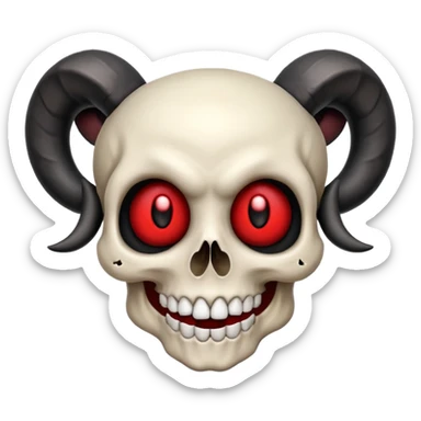 Emoji of mischievous skull with black ram horns, bright red eyes, wide expressive smile, inspired by three attachments, apple emoji style sticker