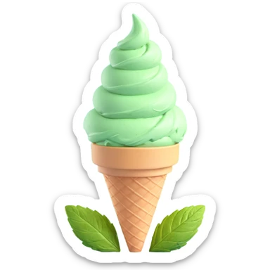 mint ice cream cone with rounded cone, light green ice cream with mint leaves, realistic 3D style sticker