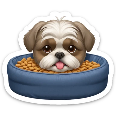 old ALL grey shih tzu in dog bed tongue hanging out bowl of food in front sticker