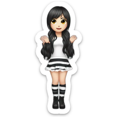 Frontal view curvy emo girl sits white skirt striped stockings hands up sticker