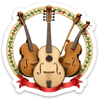 Design a sophisticated and festive emblem-like emoji representing plucked and stringed instruments. The layout should resemble a heraldic crest, featuring iconic instruments like a banjo, mandolin, domra, and sitar, artistically arranged in an elegant and symmetrical way. The necks of the instruments should be intertwined with a flowing ribbon of musical notes, winding around the strings and fretboards. The design should be detailed, showcasing the intricate carvings on the instruments, visible strings, and fret markers. Use a rich color palette with deep golds, browns, and vibrant accents to evoke a sense of luxury and celebration. The musical notes should appear to float around the instruments, connecting them in a graceful, dynamic way. Include ornate flourishes or decorative elements like laurels, swirls, or subtle engravings to give the image a professional, emblematic appearance. The background should be transparent. sticker