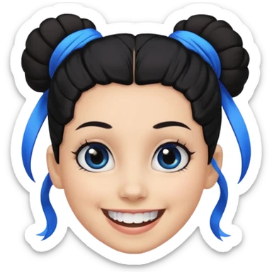Now tied up her hair in a bun, the on her head is black, but blue bang on front. Bigger eyes and brighter smile, show teeth while smiling sticker