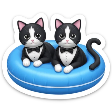 Two tuxedo cats on a tube in a lake  sticker