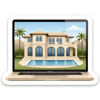 
light beige open macbook sideways with luxury villa on screensaver sticker
