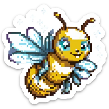 a bee flying with sparkling pixie dust, pixel art style sticker