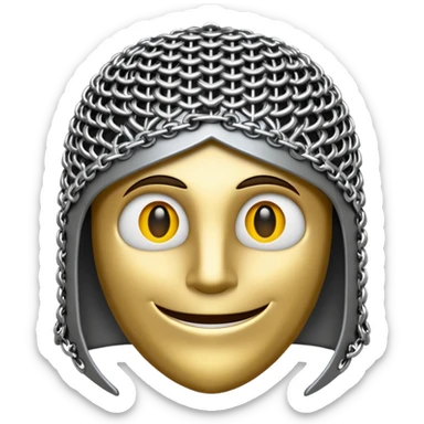 3D render of Medieval Coif, made of interlocking chainmail metal rings, wire mesh texture, visible holes and negative space, metallic silver and grey, high contrast shadows, emoji style, isolated on white background --v 6.0. sticker