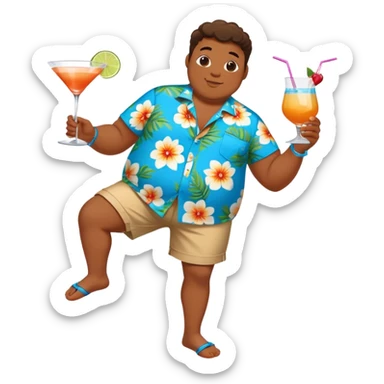 chubby guy full figure in a flowered azure havai shirt, brown shorts and flippers holding a cocktail sticker