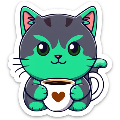 tricolor fluffy cat with big green eyes drinking a cup of coffee sticker