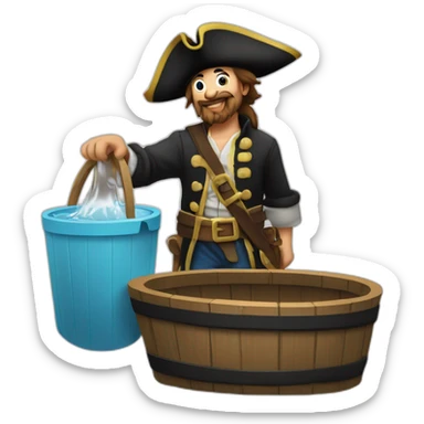 A pirate with an old wooden seal in his hands. He is sending the water that is in the bucket away. sticker