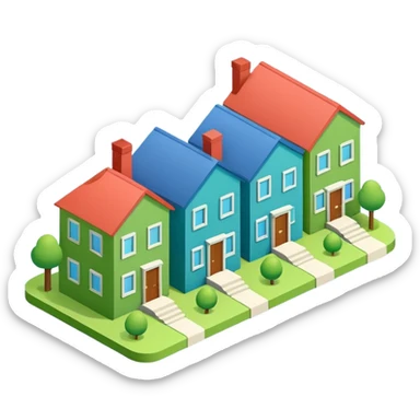 group of 3 houses representing neighborhood isometric houses on transparent background similar in style to the iphone icons houses should be colored in blue and green details sticker