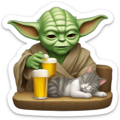Maître Yoda qui dort avec un chat et une bière une bière sticker