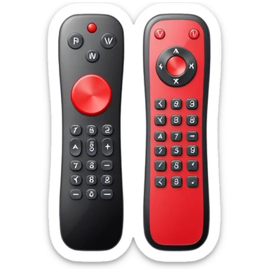 One black tv remote control with red border, frontal face in  2 dimensions. The remote control have to have 4 buttons in black and one big one in red and the play sign sticker
