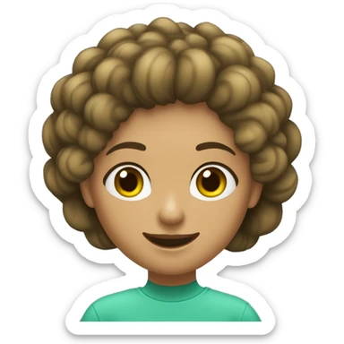 mujer pelo castaño oscuro ondulado, ojos verdes. De cuerpo entero, sonriendo con los brazos cruzados. Lleva una sudadera celeste y pantalones y deportes negros sticker