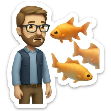 Caucasian man with brown hair and beard wearing glasses looking at big fish tank sticker