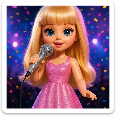 Pretty and girly Blonde pop star with bangs, holding a bedazzled microphone, reimagined as a doll, with a nighttime concert backdrop with colorful confetti sticker