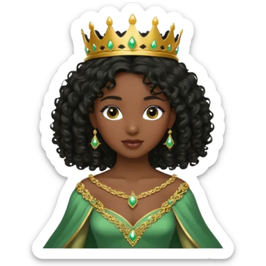 balck princess with black curly hair and a golden tiara. Green dress sticker