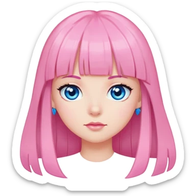 girl with long black hair and bangs blue eyes and hair clips in pink sticker