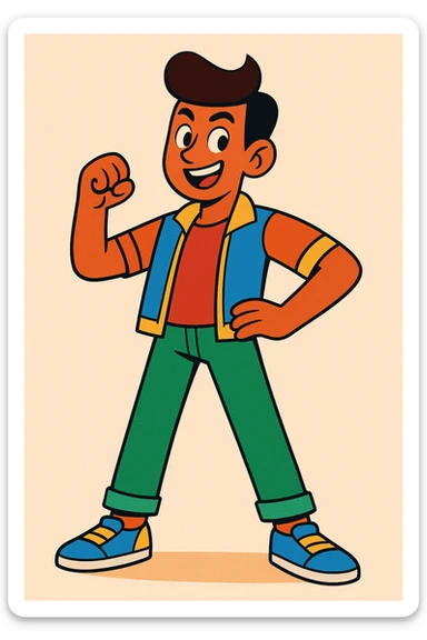 a vibrant, animated young man, exuding confidence and fun, dressed in lively, multicolored attire sticker