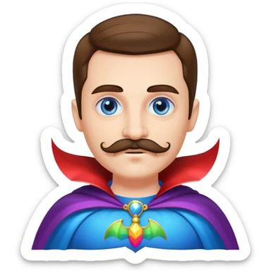 Vampire with mustache and blue eyes in rainbow cape sticker