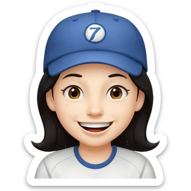 Digital illustration of a cartoon character with a big smile on its face and whinking. The character has long dark hair and is wearing a white baseball cap and casual clothes. The overall style of the illustration is cute and playful. sticker