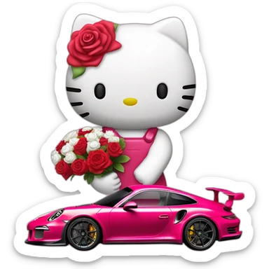 Hello kitty with porsche 911 gt3rs and bouquet of rose red in the hand sticker