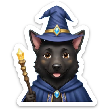 all black german shepherd face wearing a wizard hat and staff and magic swirling around him sticker