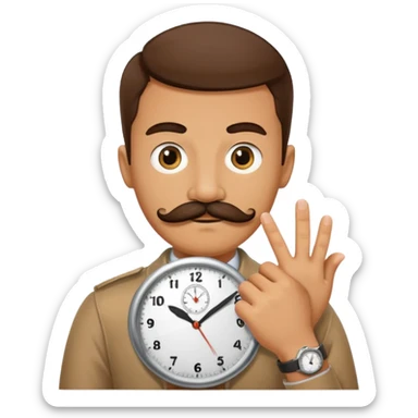 a watch person, a wrist watch with a face (eyes and mouth) in it and the clock hand are positioned to look like a moustache sticker