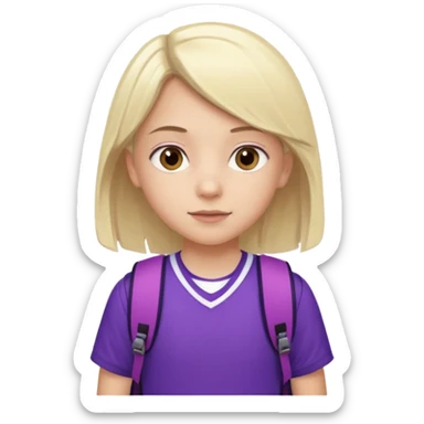 White blonde Girl with brown eyes around 8 on purple sports uniform with backpack  sticker