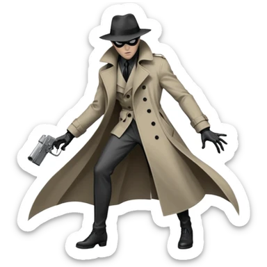 Die-cut sticker of Spider-Noir, monochrome black and grey palette, trench coat fluttering, 1940s detective aesthetic. Sharp edges, heavy shadows, white border, isolated on white background, high detail. sticker
