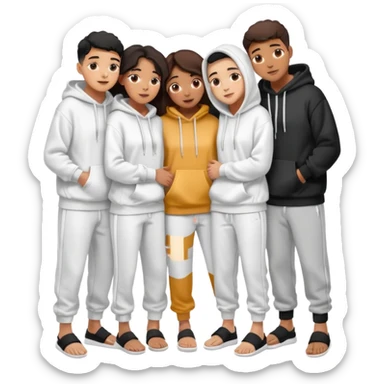 four mixed race friends all wearing white oversized hoodies with the hoods up, white sweatpants, and white slides huddled together hugging sticker