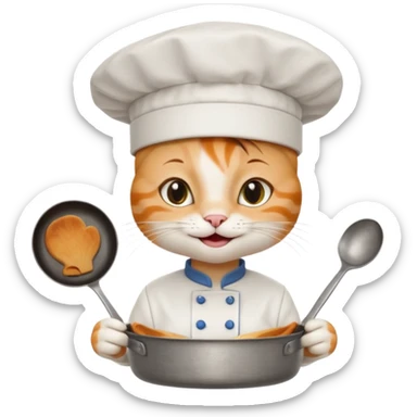 White girl cat with a chef hat holding a pan while smiling sticker