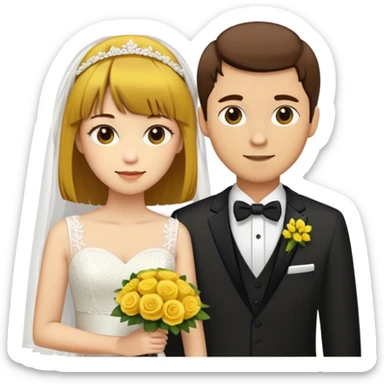 One bride: yellow skin, hair: mid-long hair, bang, light brown hair. The groom, yellow skin, hair: short and dark brown sticker
