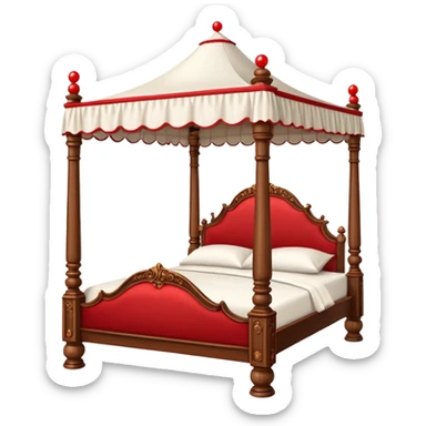Wooden four poster bed with canopy handing small red balls on edge  sticker