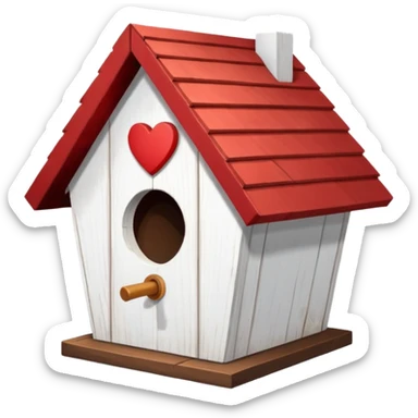 a birdhouse with a normal circular hole and a red roof with the rest white and a heart at the top but below the roof sticker