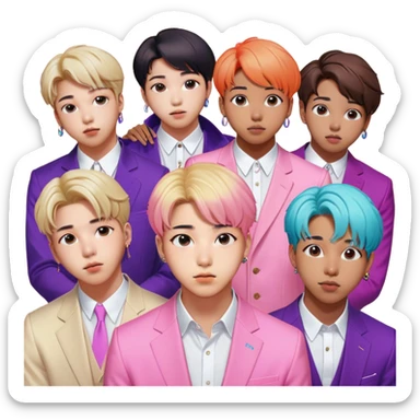 Cinematic Realistic group portrait of BTS featuring all 7 members in stylish modern attire, with detailed facial expressions and vibrant colors, captured in dynamic, contemporary lighting that emphasizes their global pop icon status sticker